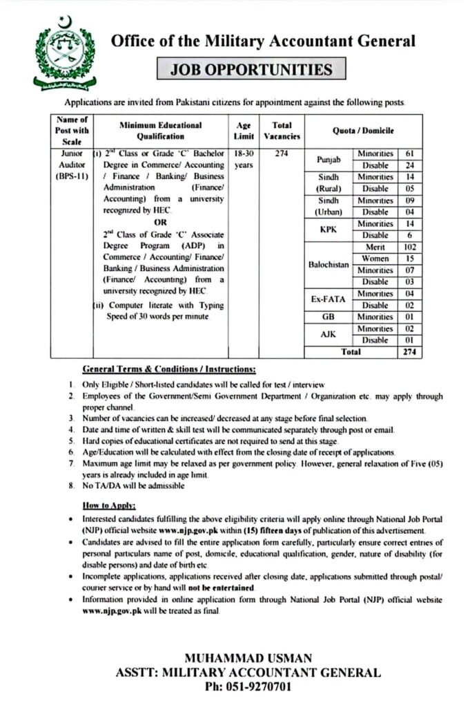 Office of the Military Accountant General jobs advertisement 2026