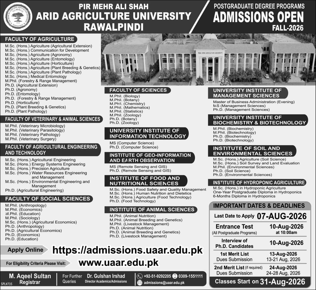 Pir Mehr Ali Shah Arid Agriculture University Rawalpindi admissions advertisement 2026