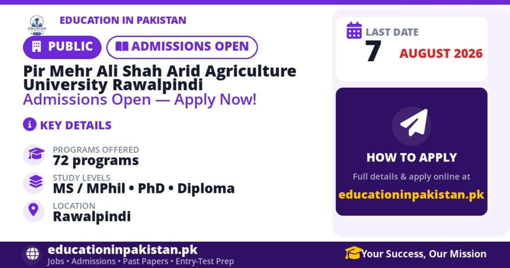 Pir Mehr Ali Shah Arid Agriculture University Rawalpindi admissions 2026 in Rawalpindi