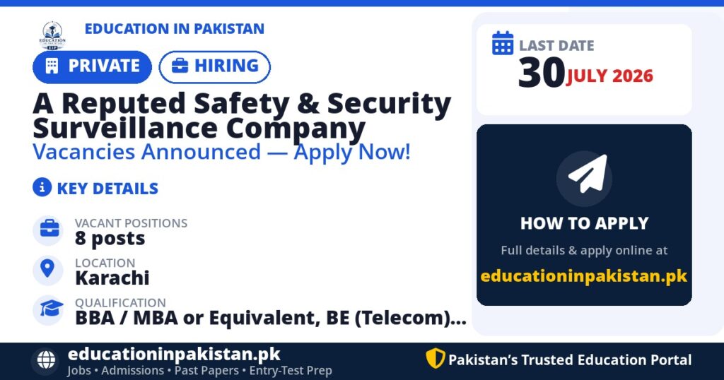 A Reputed Safety & Security Surveillance Company jobs 2026 in Karachi