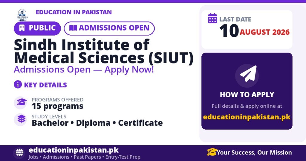 Sindh Institute of Medical Sciences (SIUT) admissions 2026 in Karachi