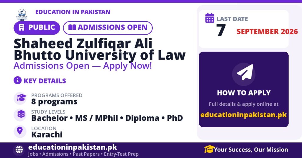 Shaheed Zulfiqar Ali Bhutto University of Law admissions 2026 in Karachi