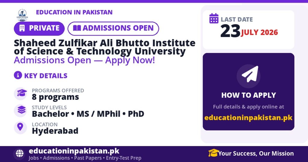 Shaheed Zulfikar Ali Bhutto Institute of Science & Technology University admissions 2026 in Hyderabad