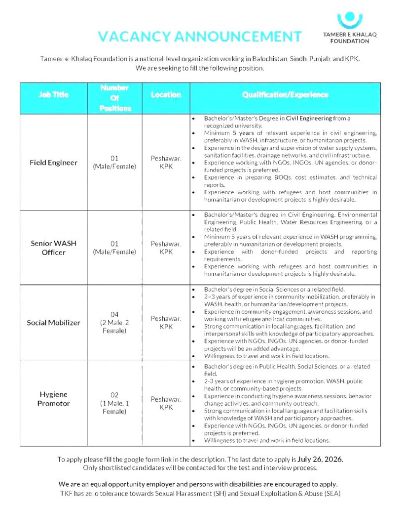 Tameer-e-Khalaq Foundation jobs advertisement 2026