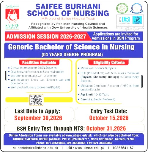 Saifee Burhani School of Nursing admissions advertisement 2026