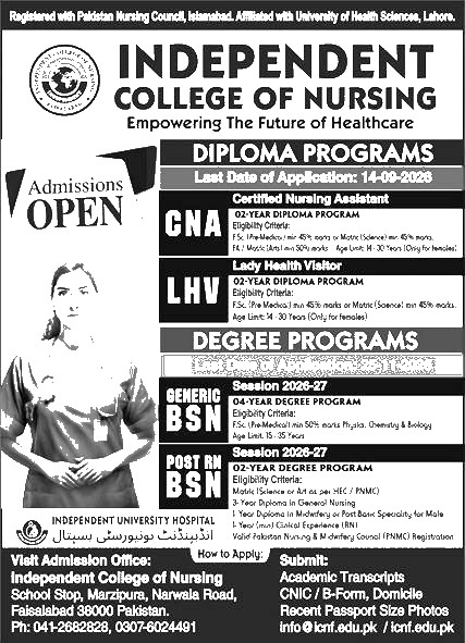 Independent College of Nursing admissions advertisement 2026