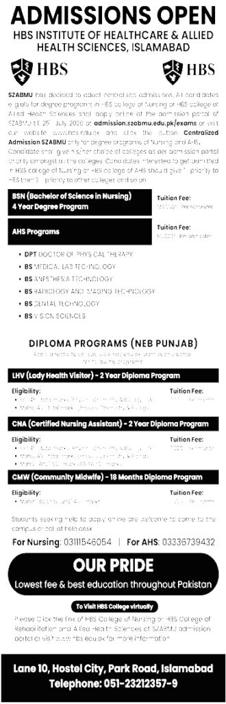 HBS Institute of Healthcare & Allied Health Sciences admissions advertisement 2026
