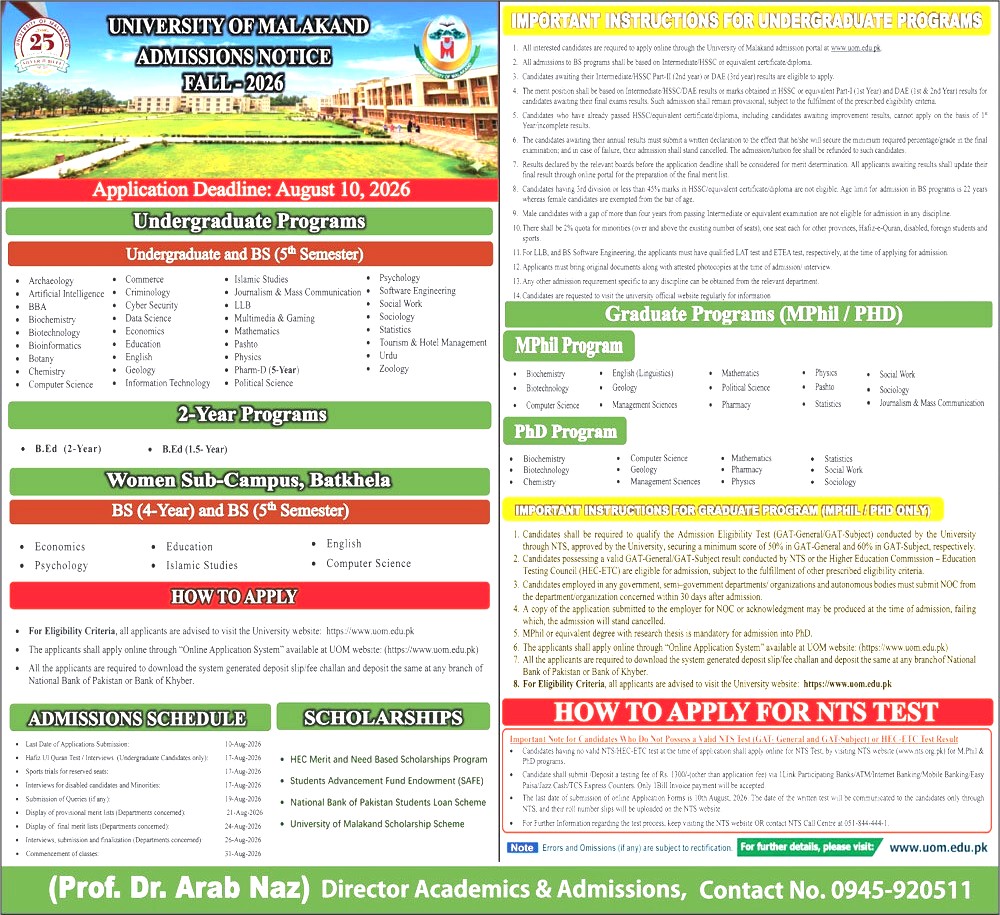 University of Malakand admissions advertisement 2026