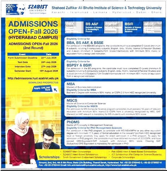 Shaheed Zulfikar Ali Bhutto Institute of Science & Technology University admissions advertisement 2026